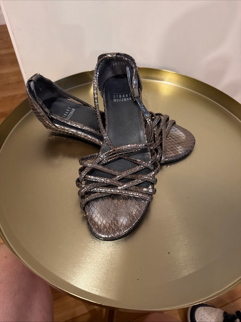 Stuart Weitzman Bronze Metallic Snake-Embossed Strappy Sandals